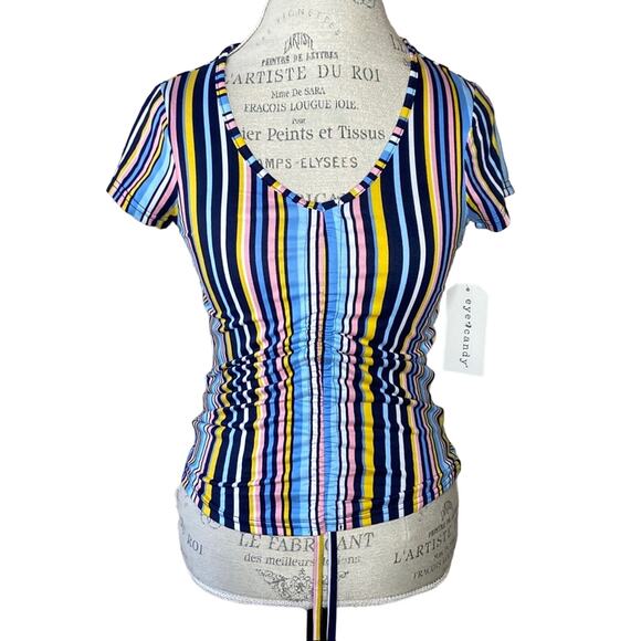 Eye Candy Love Blue Striped Short Sleeve Shirt Women's Size Medium NWT - Picture 1 of 7